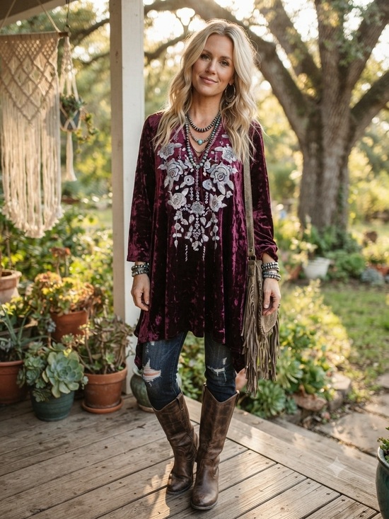 Andree Tops - Andrée by Unit 90s Boho Burgundy Velvet Embroidered Floral Tunic Dress L⁠